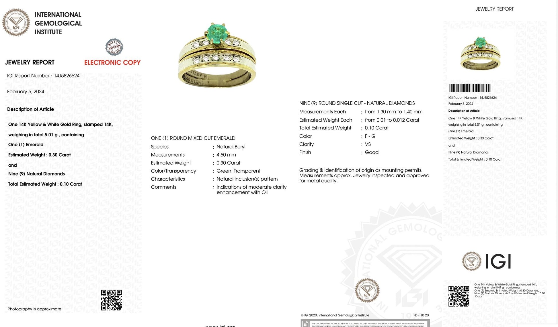 14K Two-Tone Gold Emerald & Diamond Ring, IGI Certified, 5.01g