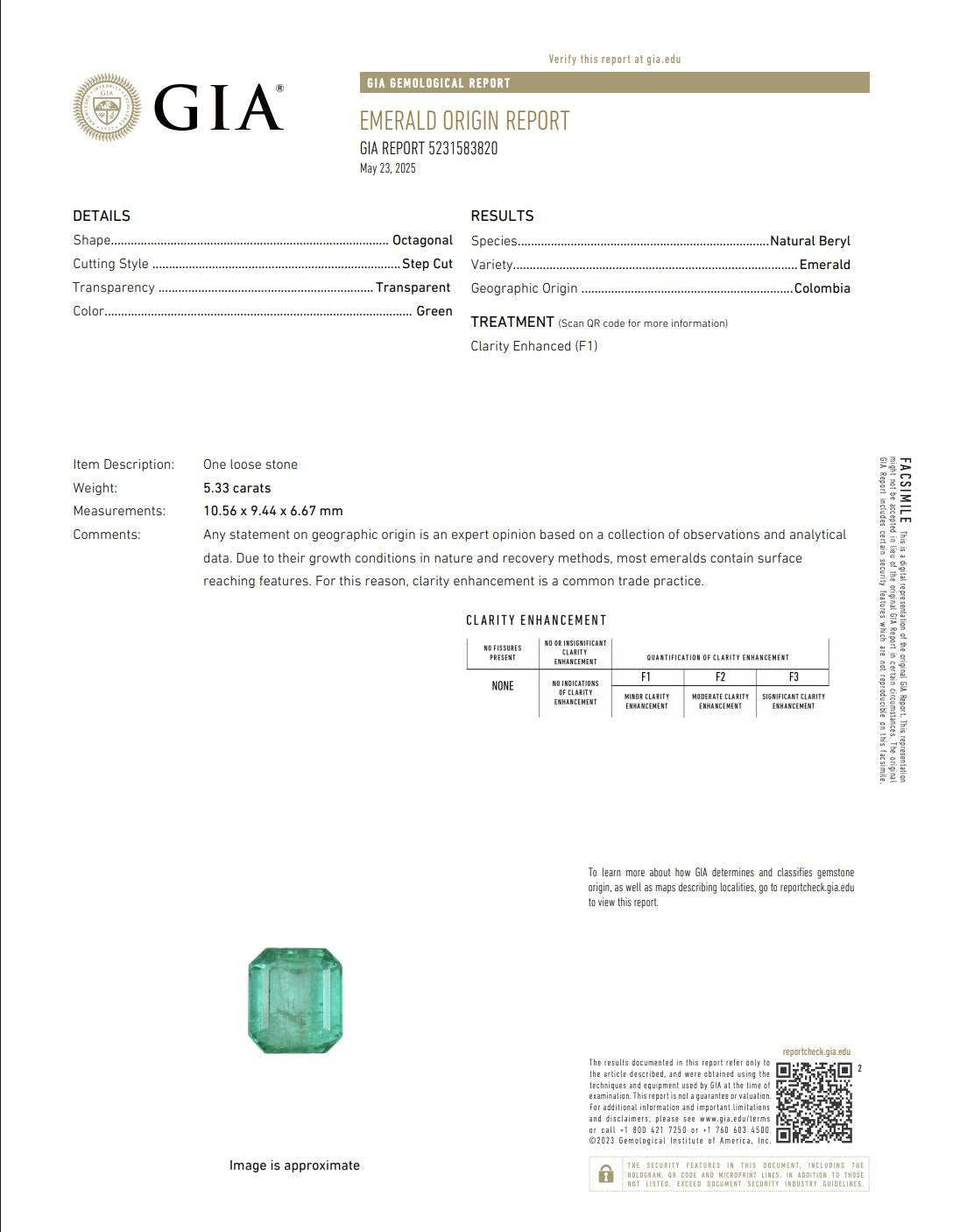 GIA Certified 5.33ct Colombian Emerald Loose Stone – F1 Minor Oil, Rare Clean
