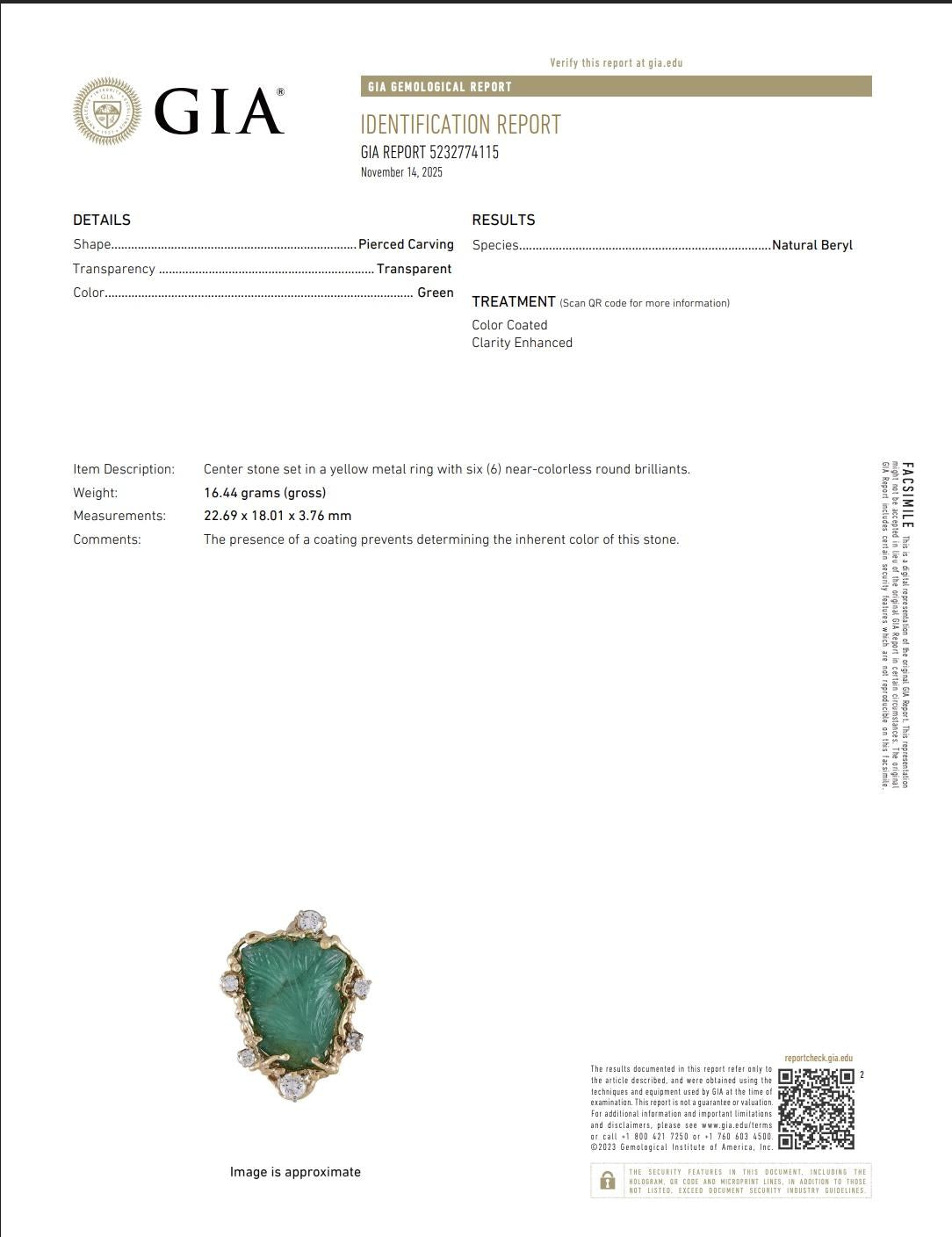 Amazing GIA Certified 14K Yellow Gold Carved Green Beryl & Diamond Ring 6.5