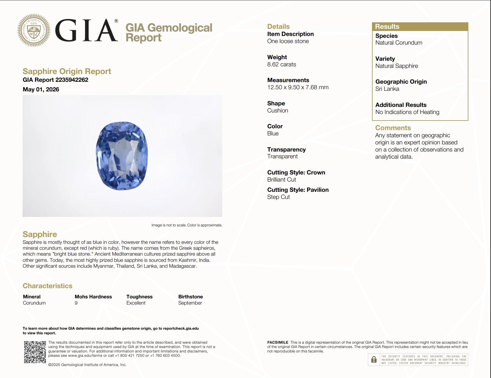 Rare Antique Platinum GIA 8.62ct No Heat Ceylon Sapphire & Old Cut Diamonds