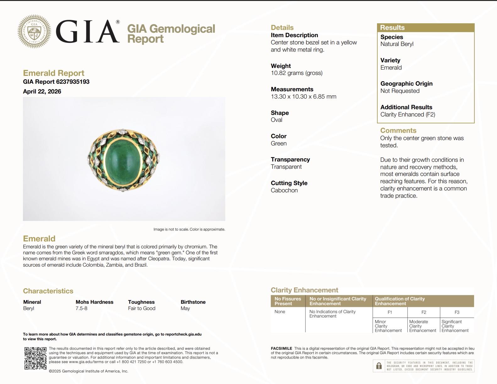 Exquisite 7.12ct Emerald & Diamond Cabochon Ring GIA Certified 18K Yellow Gold