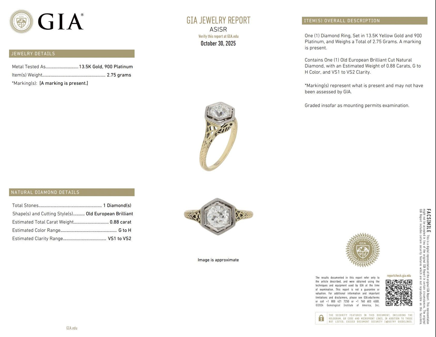 GIA Certified Antique Engagement Ring .88 Carat Old Euro VS Clarity G Color