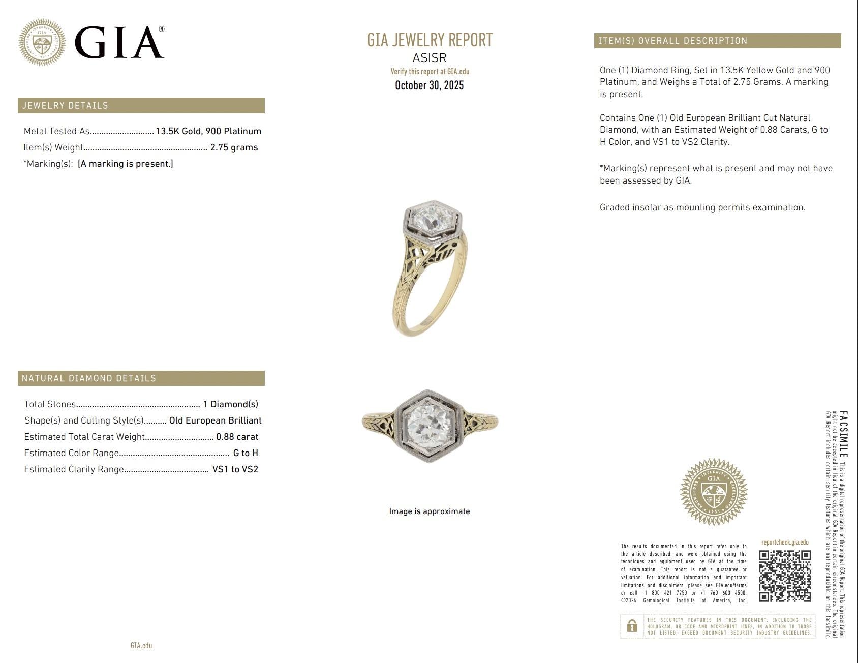 GIA Certified Antique Engagement Ring .88 Carat Old Euro VS Clarity G Color