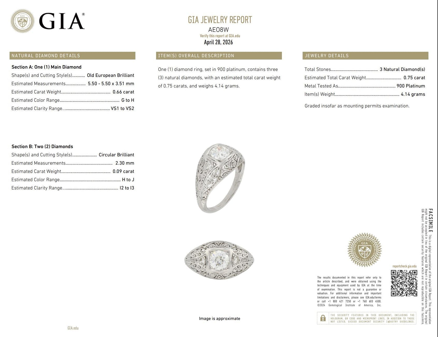 GIA Certified 0.66ct Old European Cut Diamond Art Deco Platinum Engagement Ring