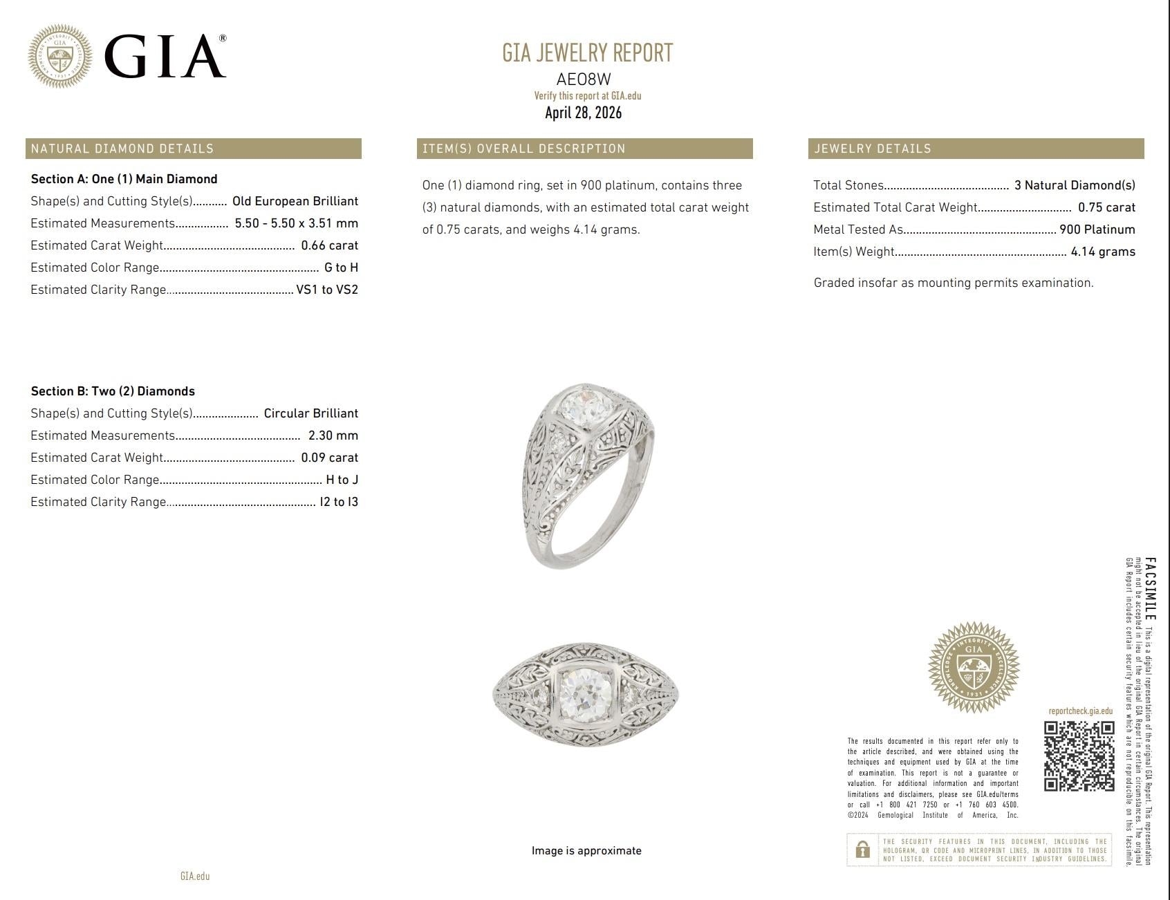GIA Certified 0.66ct Old European Cut Diamond Art Deco Platinum Engagement Ring