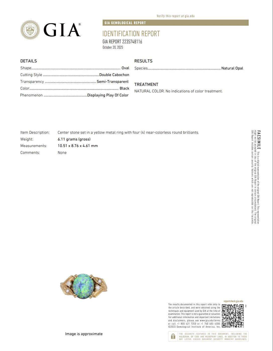 GIA Certified 2.40ct Natural Black Opal & Diamond Ring 14K Yellow Gold
