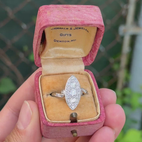 Antique Art Deco Platinum 27-Diamond Marquise Navette Dinner Ring 1.07 CWT Size