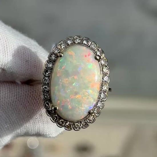 IGI Certified 14K Gold Natural Opal & Diamond Halo Ring Mid Century / Art Deco