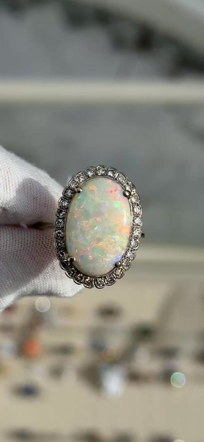 IGI Certified 14K Gold Natural Opal & Diamond Halo Ring Mid Century / Art Deco
