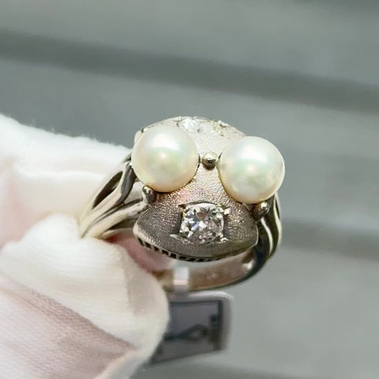 14K White Gold Pearl & Diamond Ring Art Deco Style 0.65 CTW Size 7