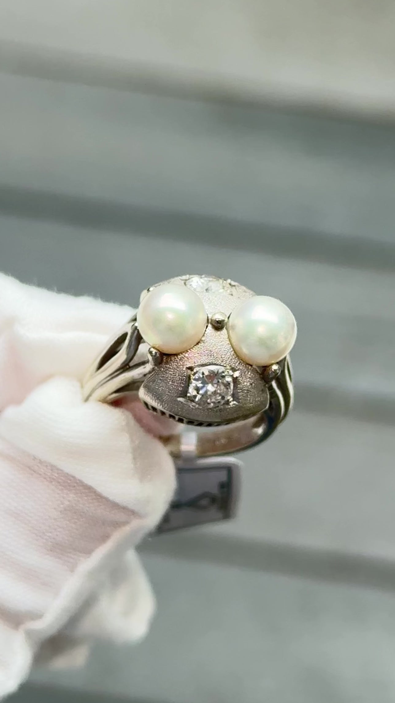 14K White Gold Pearl & Diamond Ring Art Deco Style 0.65 CTW Size 7