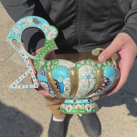 Massive Russian Enamel Silver Kovsh Vessel Fine Enamel Workmanship