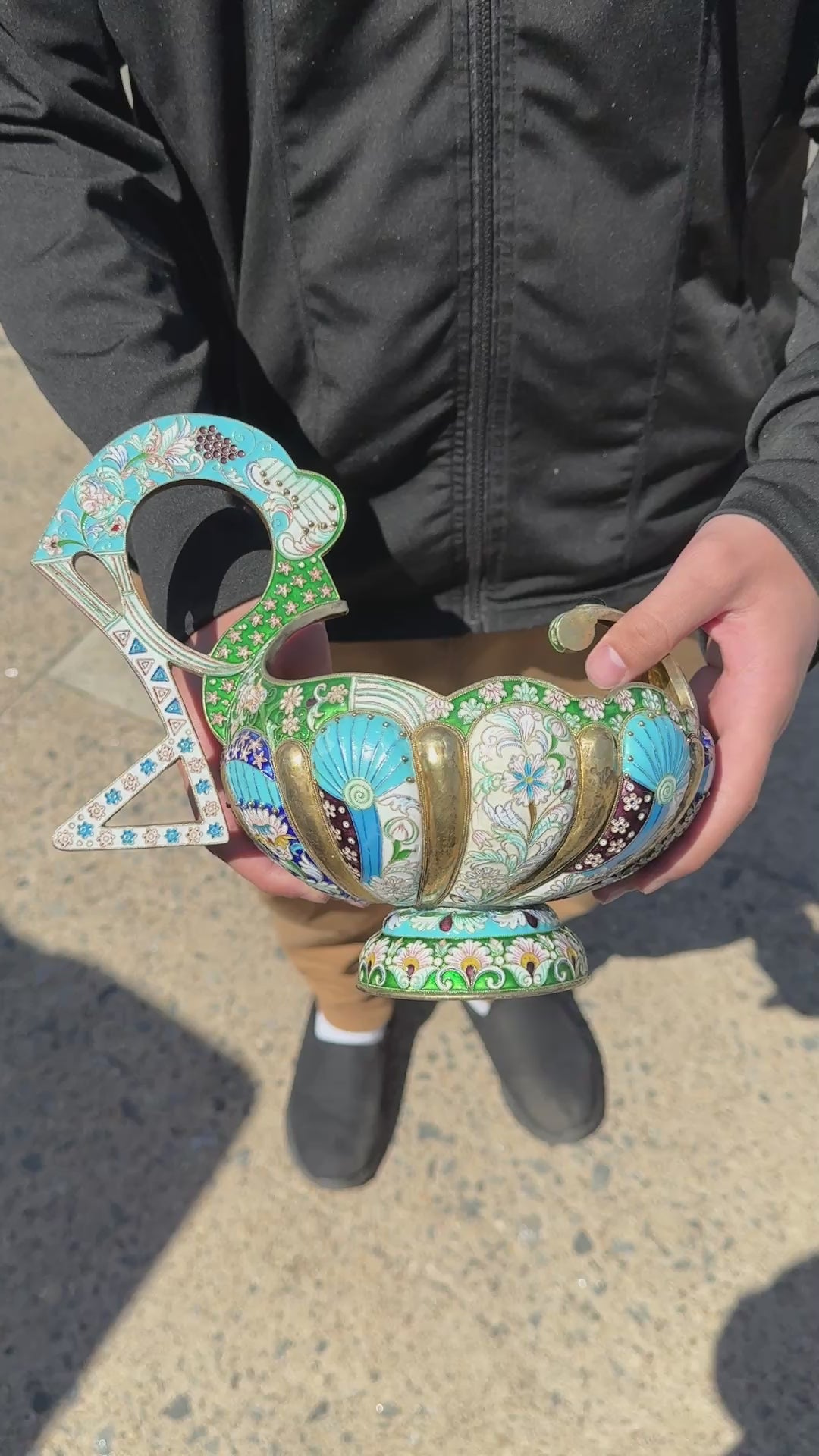 Massive Russian Enamel Silver Kovsh Vessel Fine Enamel Workmanship
