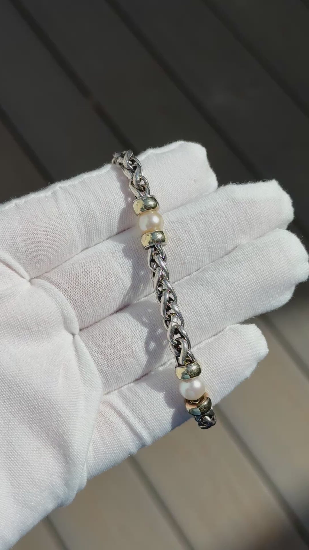 David Yurman 14k Gold & Sterling Silver Wheat Chain Pearl Bracelet 7.75"