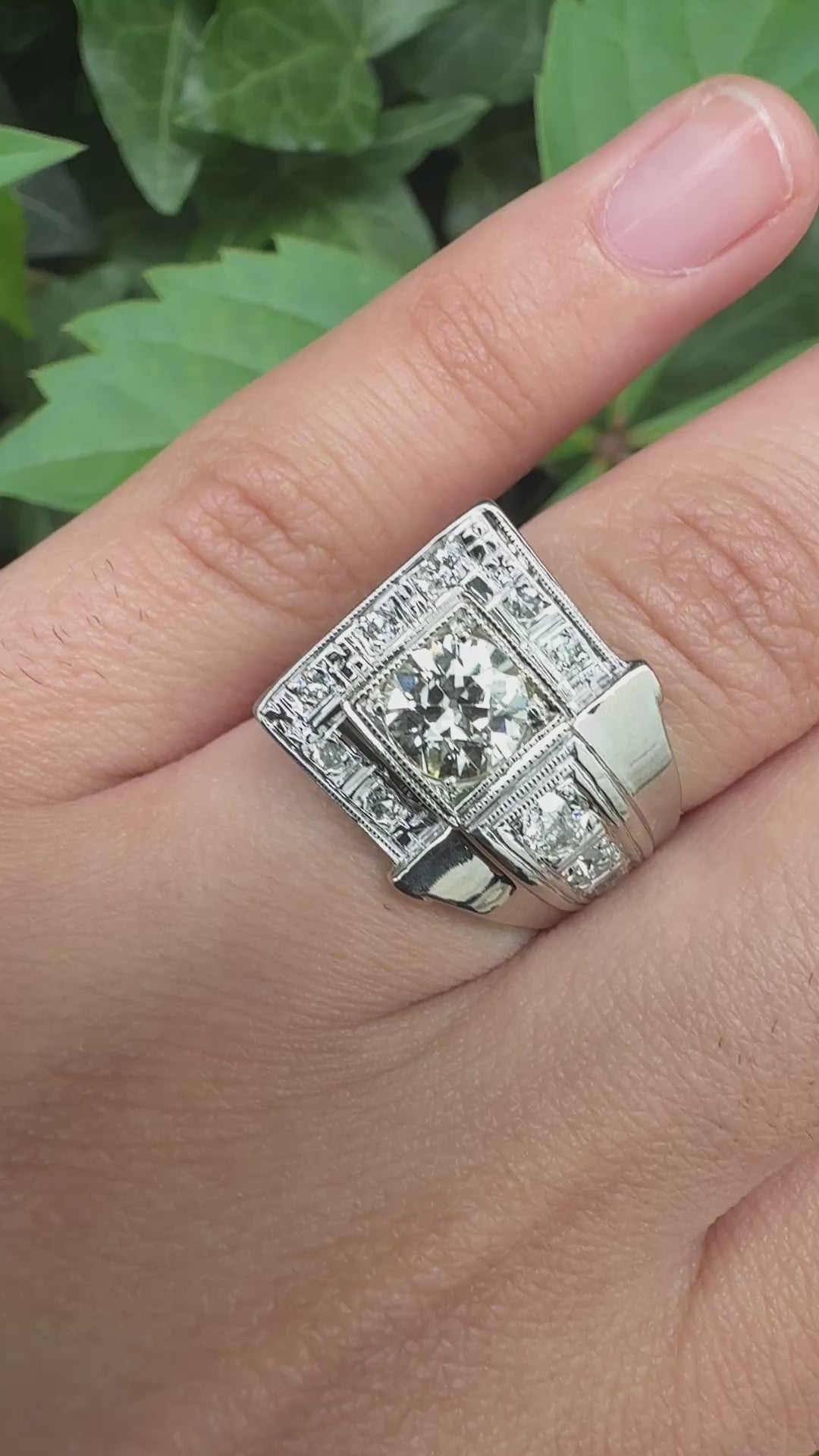 Art Deco GIA 1.00 Carat M Color VS2 Diamond Ring 14K White Gold Ring Size 5.75