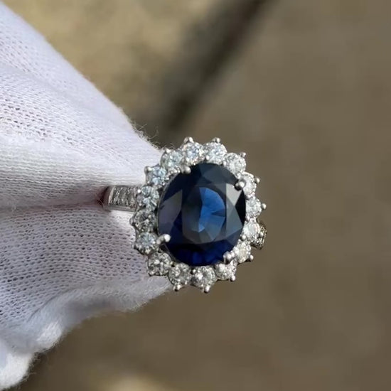 Exceptional 7.12 Carat NO HEAT GIA Certified Vivid Blue Sapphire & Diamond Ring