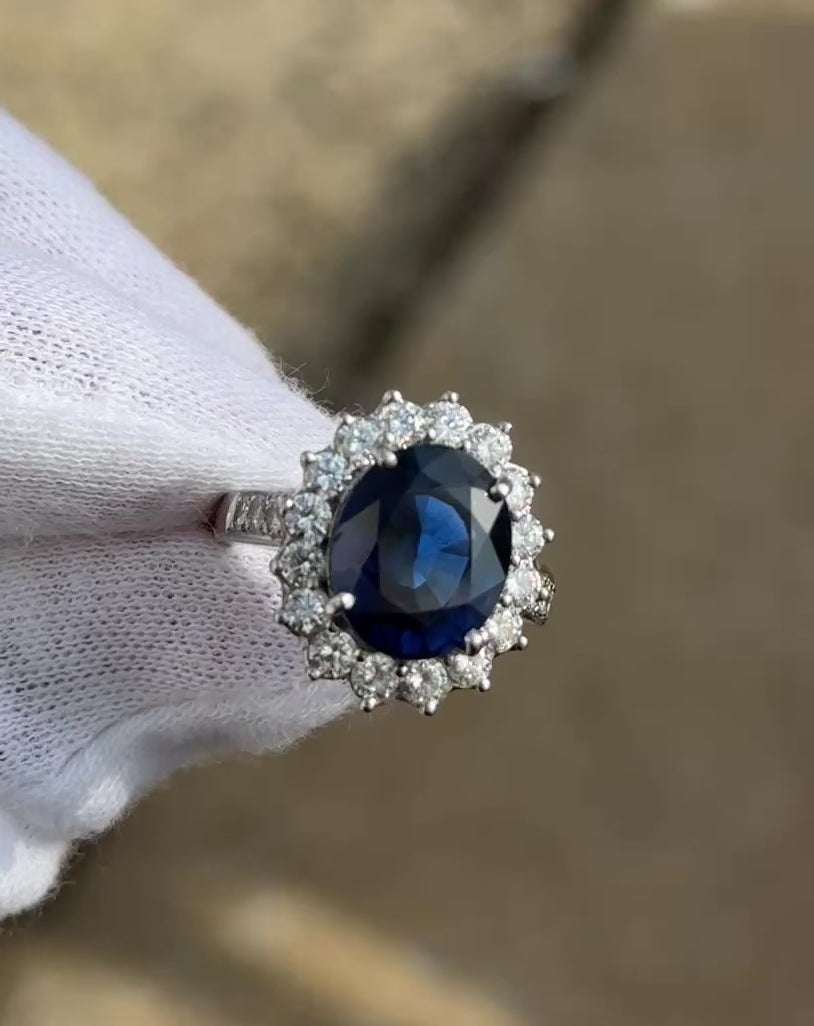 Exceptional 7.12 Carat NO HEAT GIA Certified Vivid Blue Sapphire & Diamond Ring