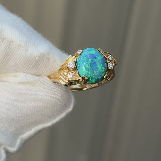 GIA Certified 2.40ct Natural Black Opal & Diamond Ring 14K Yellow Gold