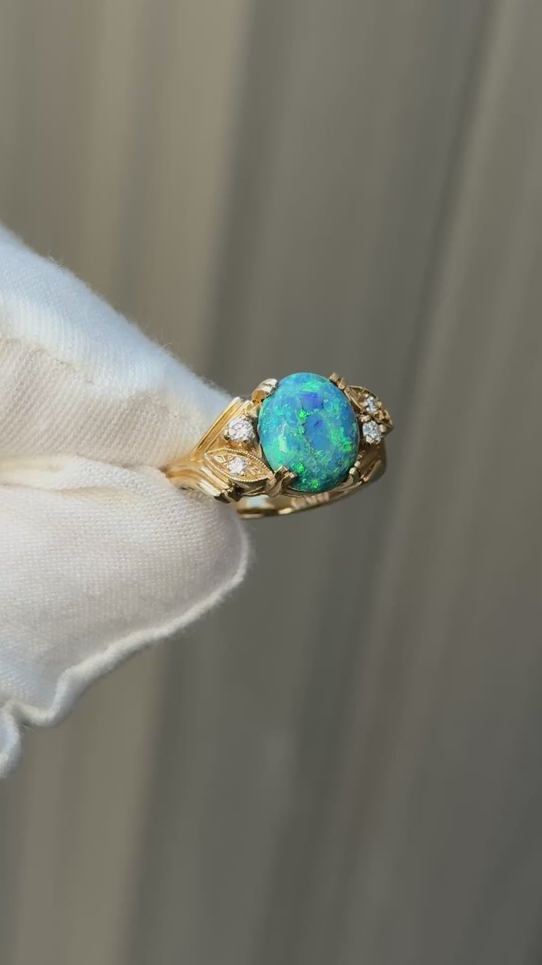 GIA Certified 2.40ct Natural Black Opal & Diamond Ring 14K Yellow Gold