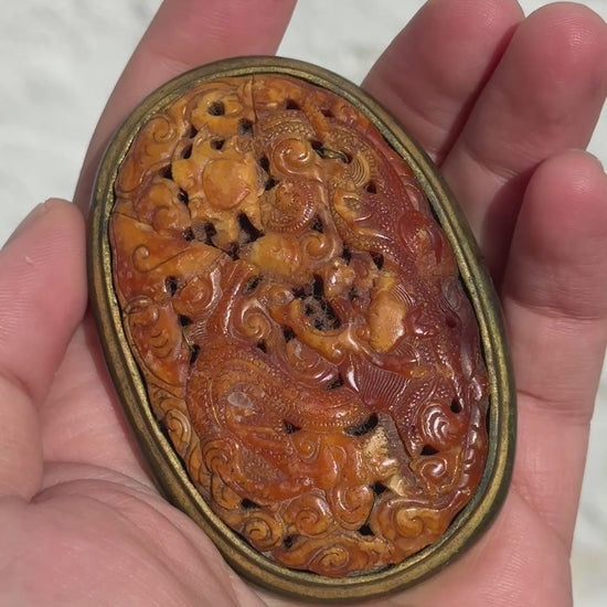 Lovely Antique Chinese Tibetan Amber Butterscotch Amber Pendant With Dragon