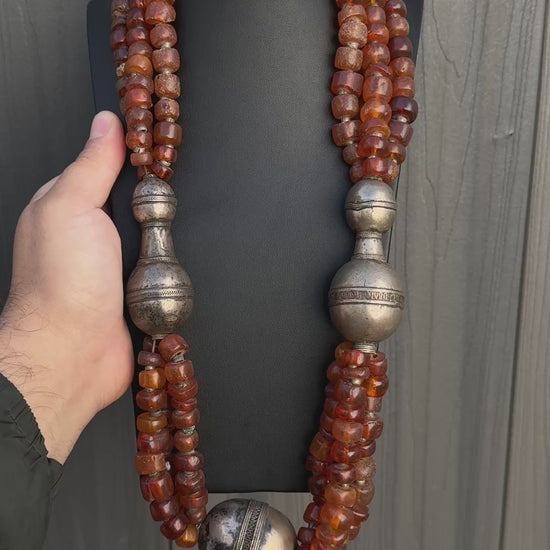 Massive Antique Chinese Tibetan Amber And Silver Necklace 290.44 Grams