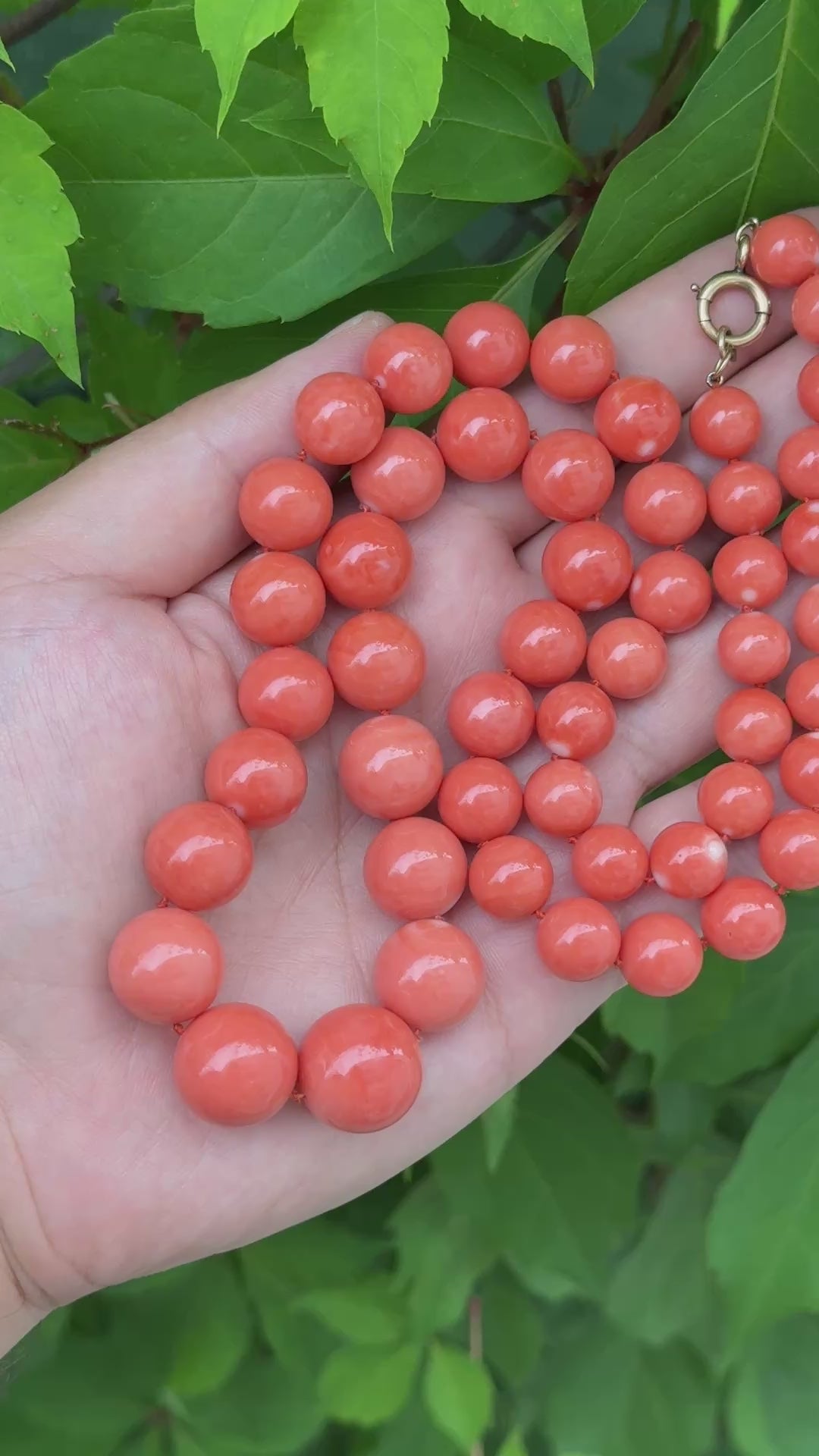 132g Natural Momo Coral Necklace 16.8-10mm Graduated Round Beads 14K Gold Clasp