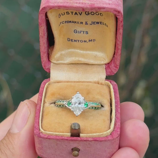 GIA Inscribed 1.02 Carat Marquise Diamond & Green Accent Engagement 14K Ring