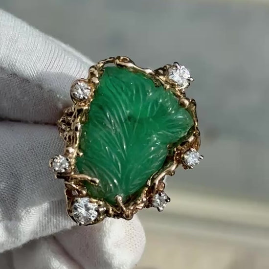 Amazing GIA Certified 14K Yellow Gold Carved Green Beryl & Diamond Ring 6.5
