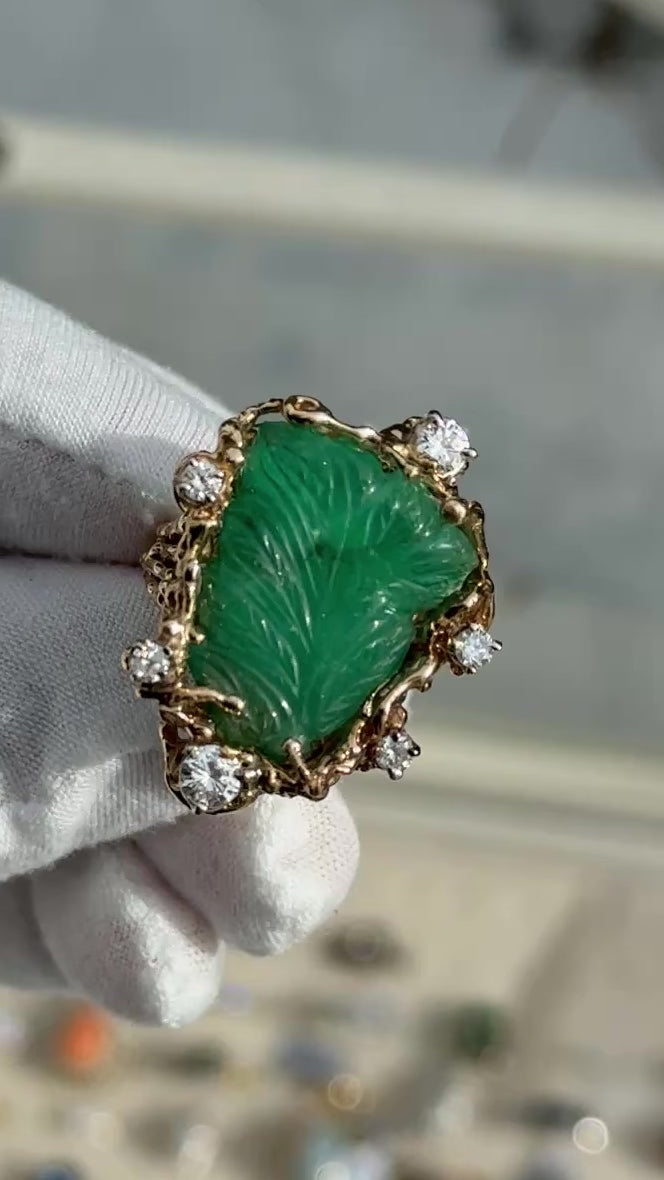 Amazing GIA Certified 14K Yellow Gold Carved Green Beryl & Diamond Ring 6.5