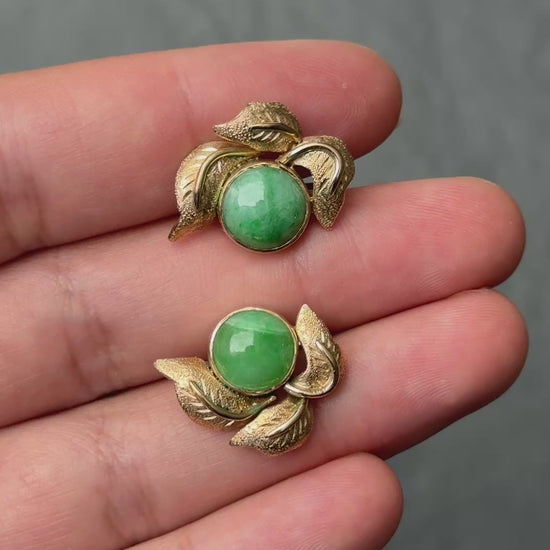 IGI Certified 14K Yellow Gold Jadeite Floral Earrings | 7.00ct Green Jade