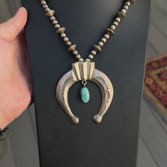 Vintage Navajo Sterling Silver Naja Necklace with Turquoise – 80.28g