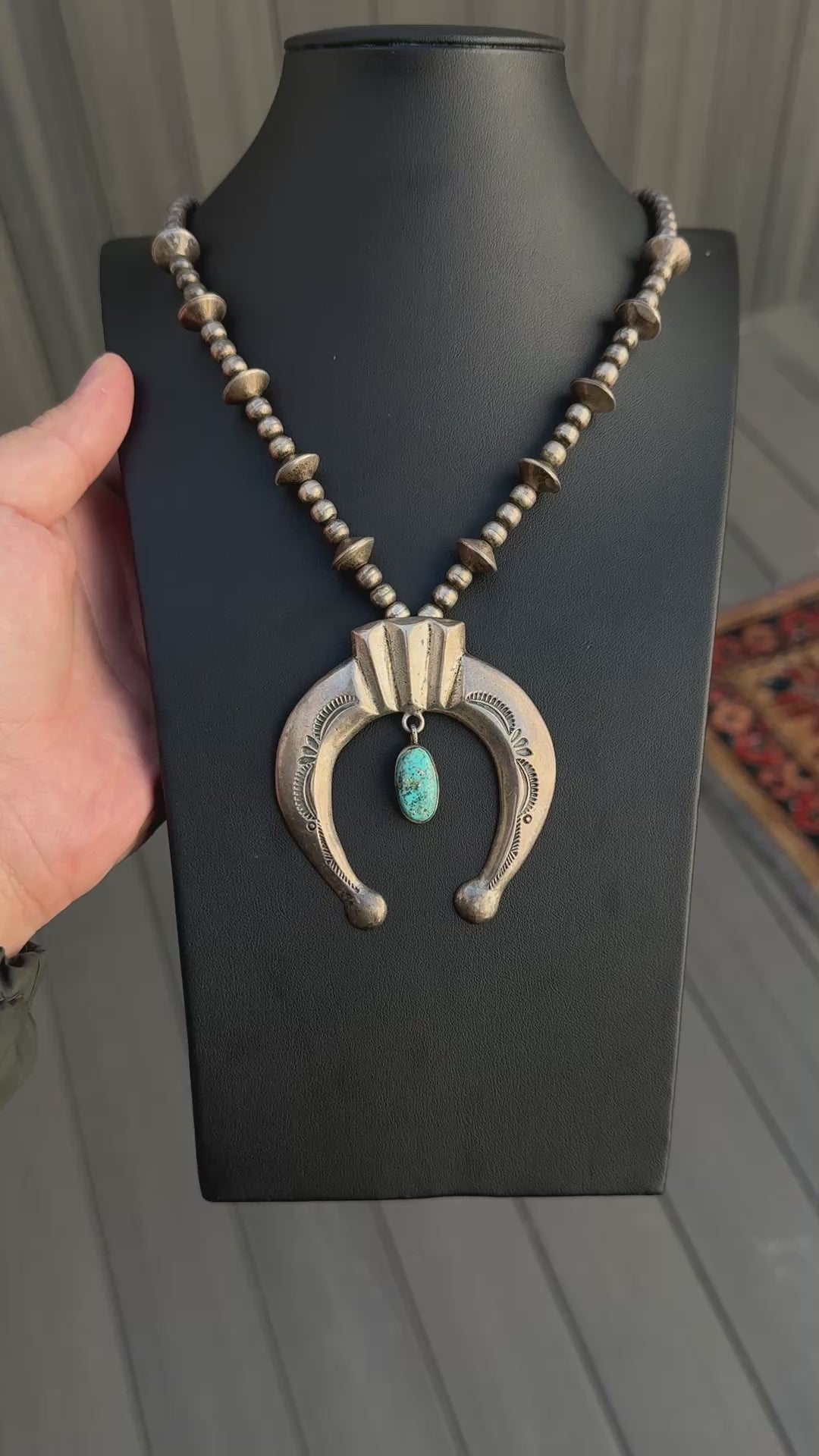Vintage Navajo Sterling Silver Naja Necklace with Turquoise – 80.28g