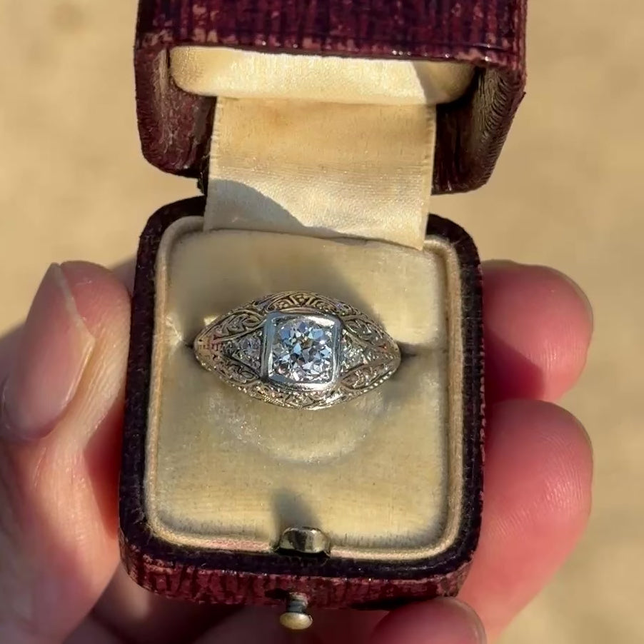 GIA Certified 0.66ct Old European Cut Diamond Art Deco Platinum Engagement Ring