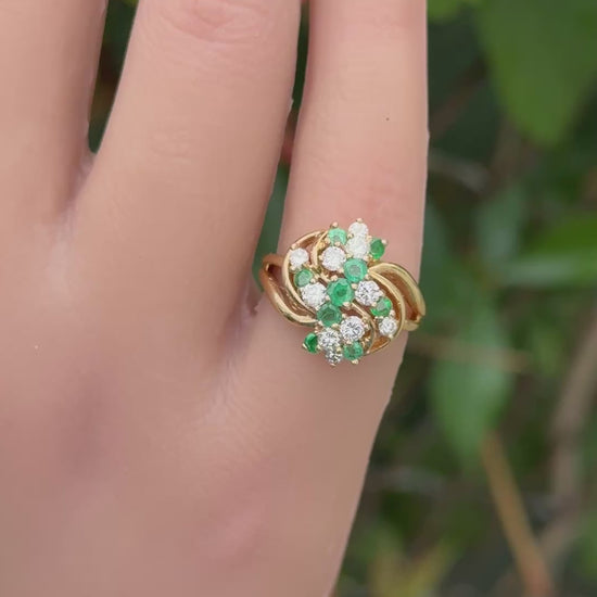 IGI Certified 14K Yellow Gold Emerald & Diamond Cluster Ring Size 4.75