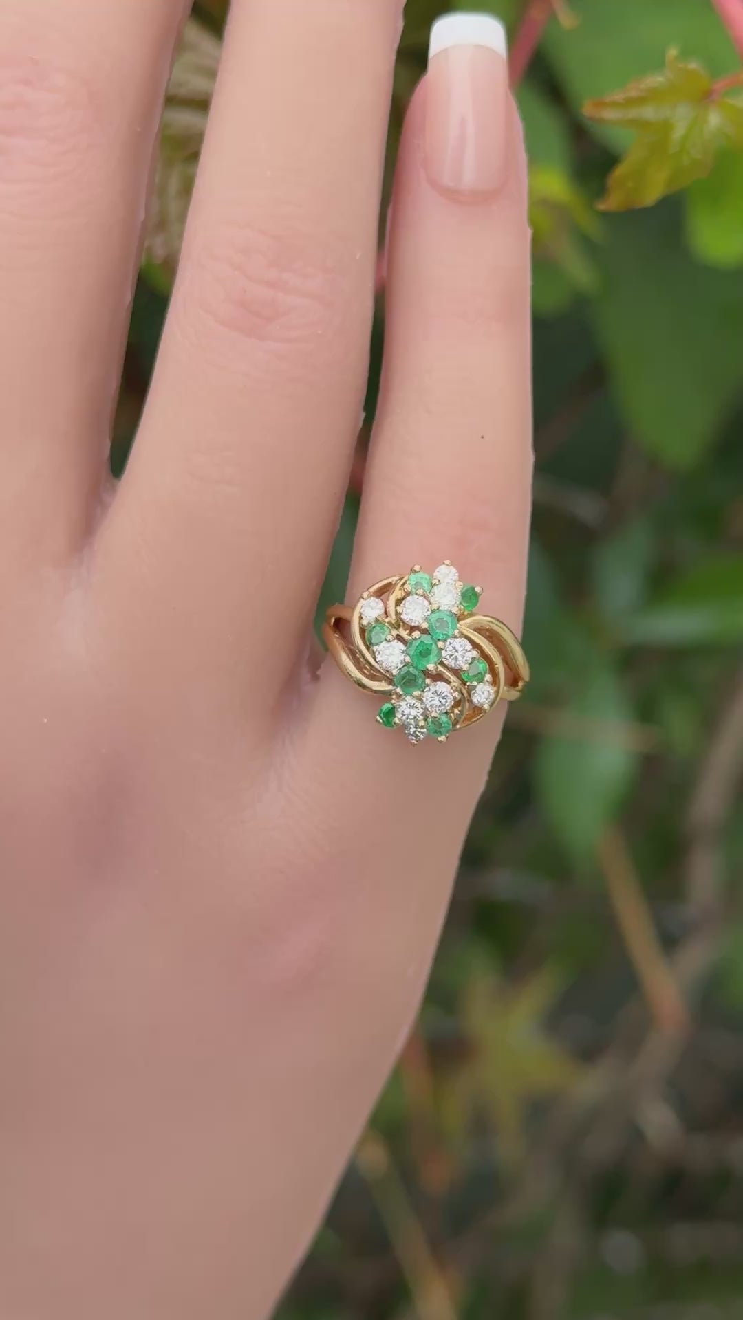 IGI Certified 14K Yellow Gold Emerald & Diamond Cluster Ring Size 4.75