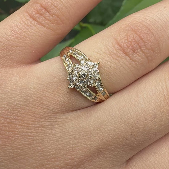 IGI Certified 14K Yellow & White Gold Diamond Cluster Ring – 0.25ct, Size 6.75