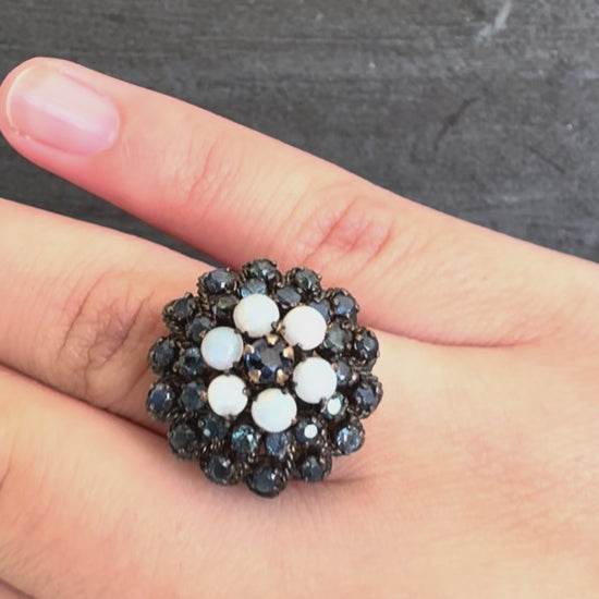 IGI Certified 10K Yellow Gold Black-Overlay Ring Sapphires And Opals