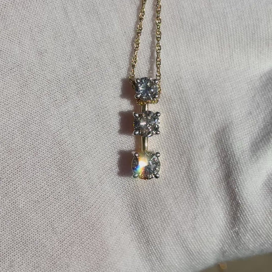 14K Yellow Gold Diamond Necklace w/ Three Stone Drop Pendant 1.92 CTW