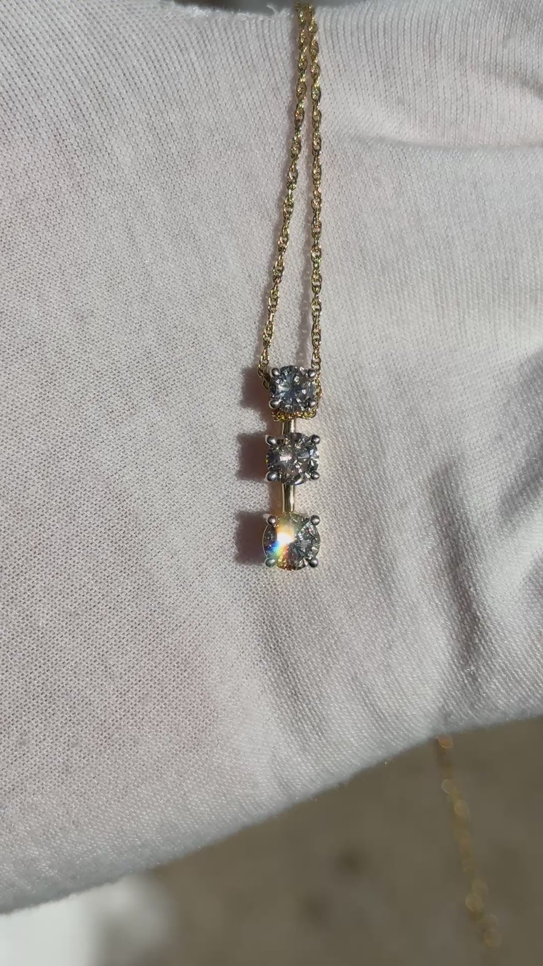 14K Yellow Gold Diamond Necklace w/ Three Stone Drop Pendant 1.92 CTW