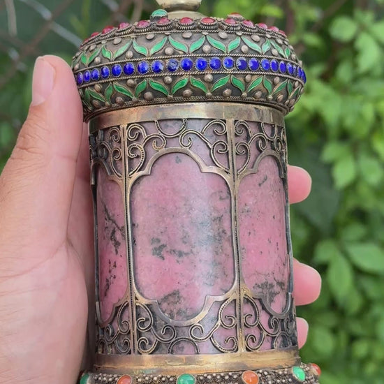 Antique Chinese Silver Enamel Tea Caddy With Fine Gems All Around