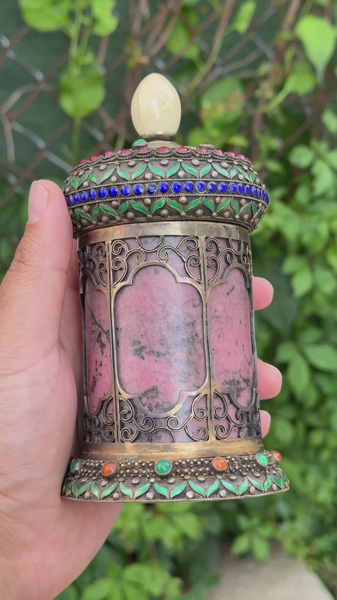Antique Chinese Silver Enamel Tea Caddy With Fine Gems All Around