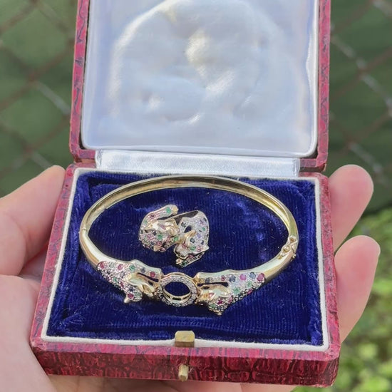 14K Gold Panther Ring & Bracelet Set Ruby Sapphire Emerald Diamond IGI Certified