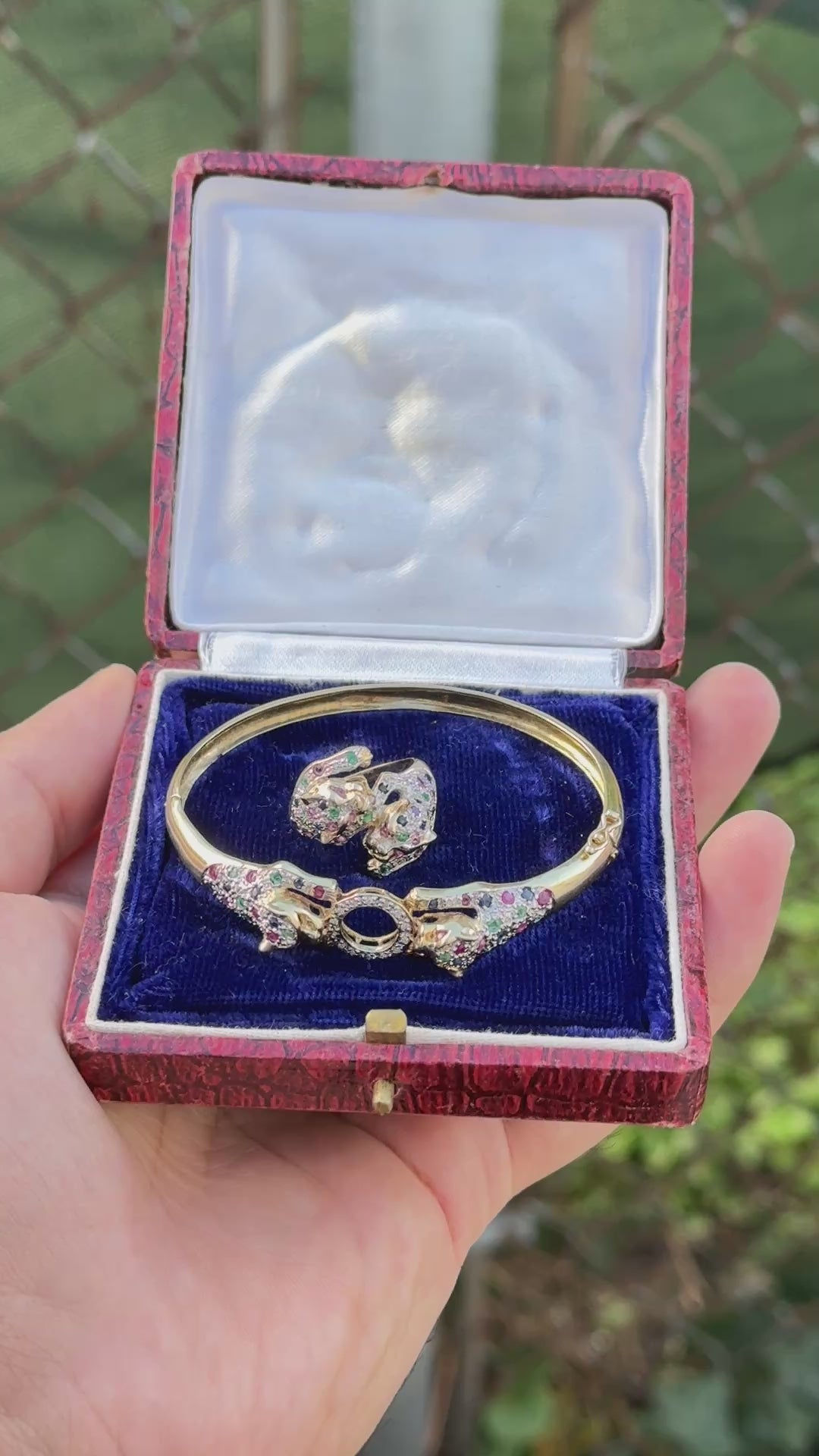 14K Gold Panther Ring & Bracelet Set Ruby Sapphire Emerald Diamond IGI Certified