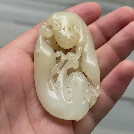 Antique Chinese Carved White Jade Toggle 60.97g – Mythical Beast 3" x 1.75"