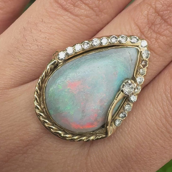 GIA Certified Natural Opal & Diamond 14k Ring – 23x15mm Light Gray Cabochon