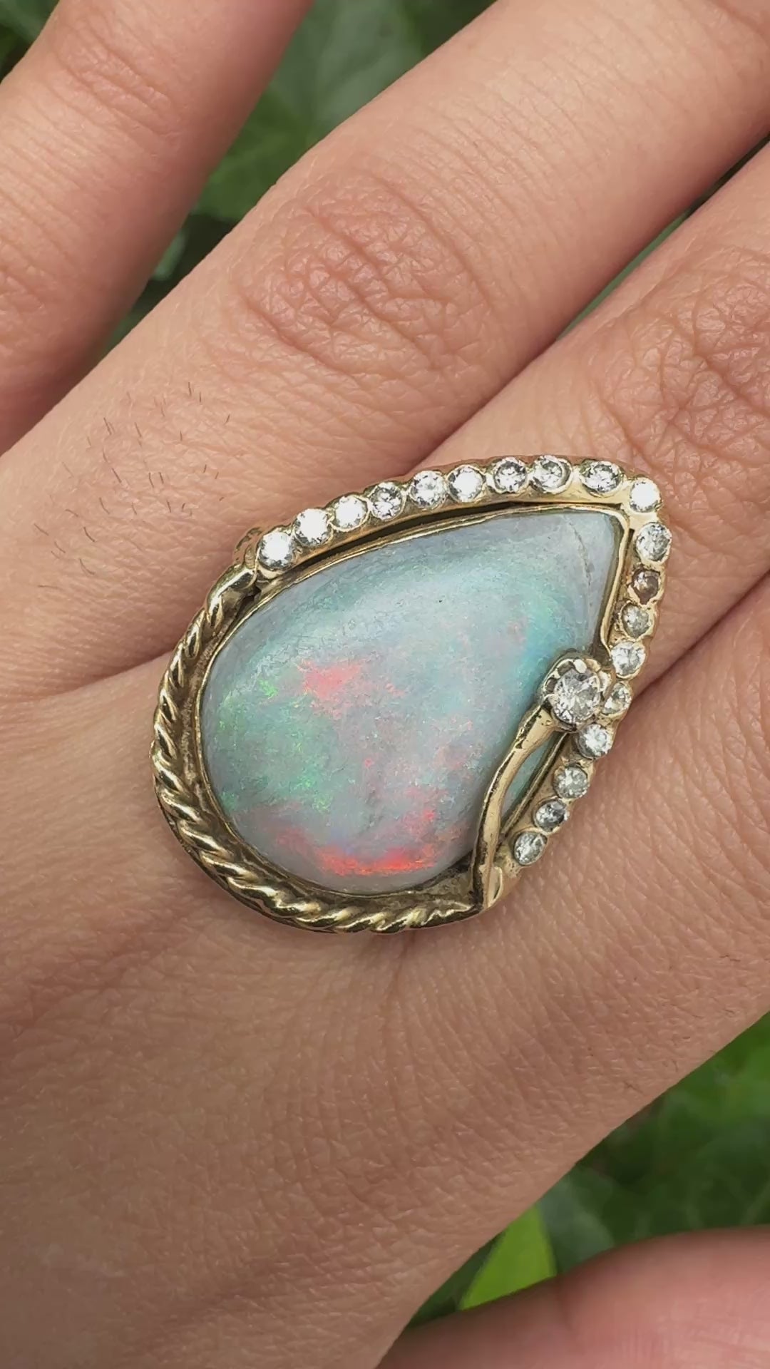 GIA Certified Natural Opal & Diamond 14k Ring – 23x15mm Light Gray Cabochon