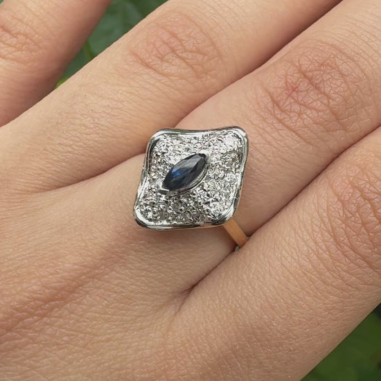 14K Yellow & White Gold Ring With Natural Sapphires, Diamonds Ring Size 6.25