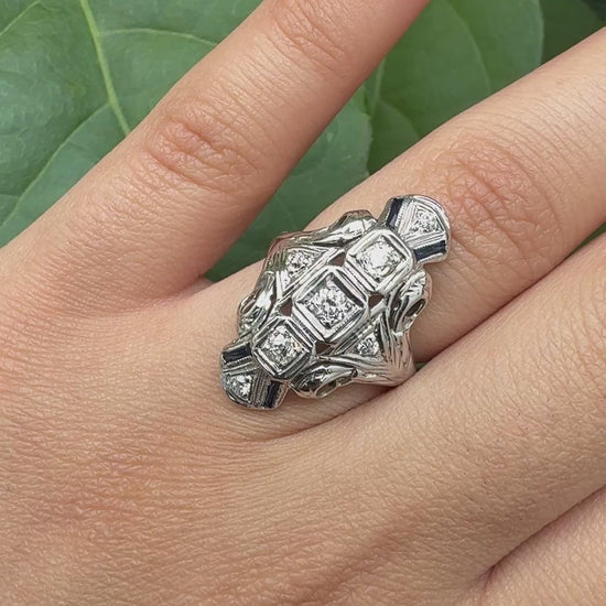 IGI Certified 18K White Gold Art Deco Diamond & Sapphire Ring Size 5.5