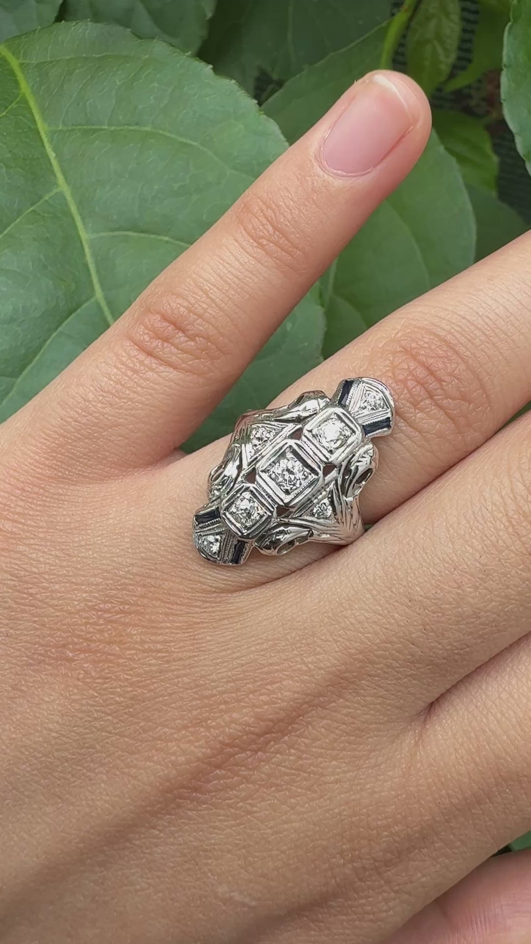 IGI Certified 18K White Gold Art Deco Diamond & Sapphire Ring Size 5.5