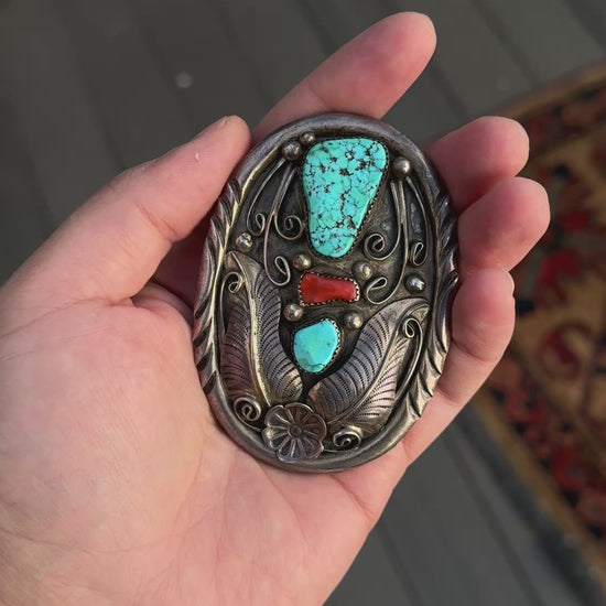 Vintage Navajo Sterling Silver Belt Buckle with Turquoise & Coral – 63.33g